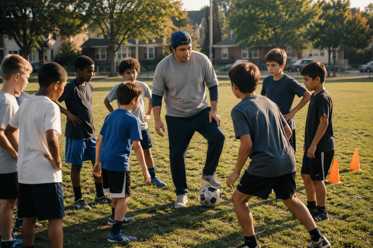 Vinny running drills with kids on the field